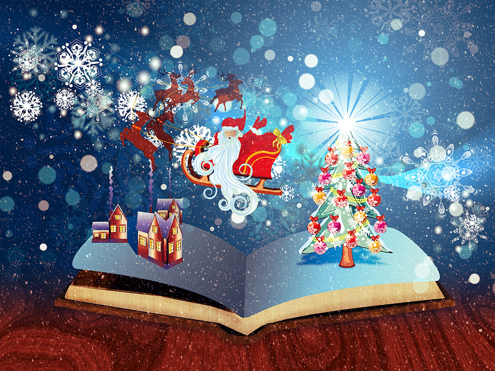 Illustration av en magisk bok som är öppen men juldekorationer och en svävande tomte i släde